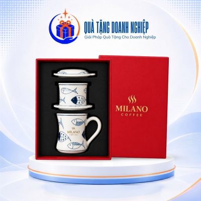Phin cafe gốm sứ quà tặng in logo họa tiết đàn cá vẽ lam CS-09