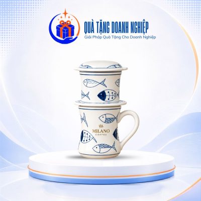 Phin cafe gốm sứ quà tặng in logo họa tiết đàn cá vẽ lam CS-09