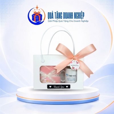 Set quà tặng in logo cốc sứ quai C và khăn bông 35x78cm GS-16