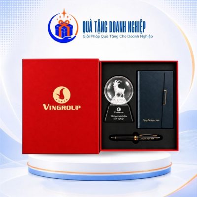 Set quà tặng in logo sổ da bìa còng, bút ký và kỷ niệm chương cầu pha lê GS-28
